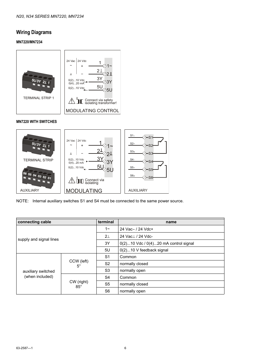 Wiring diagrams, Modulating | Honeywell N20 User Manual | Page 6 / 8