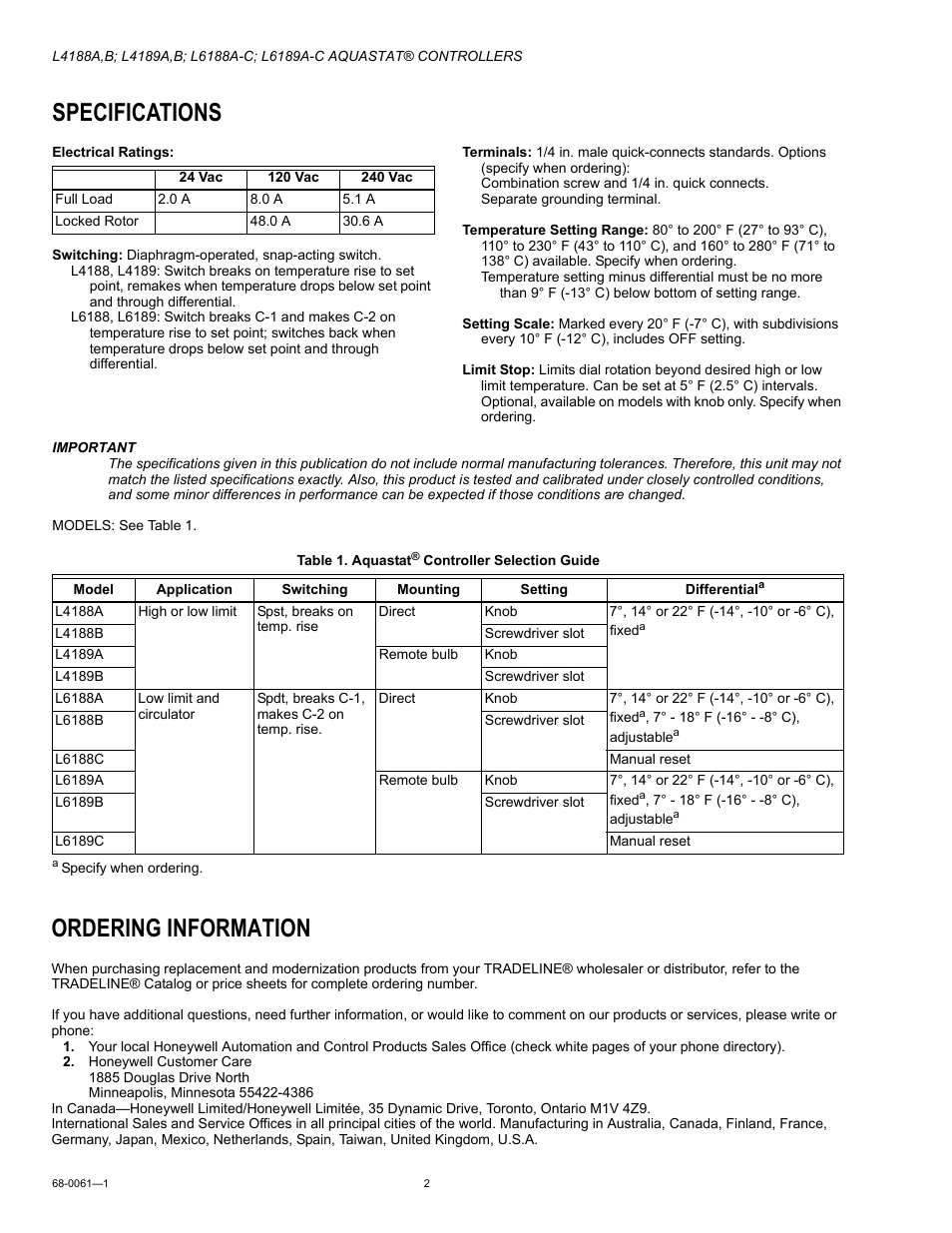 Specifications, Ordering information | Honeywell L4189A User Manual | Page 2 / 8