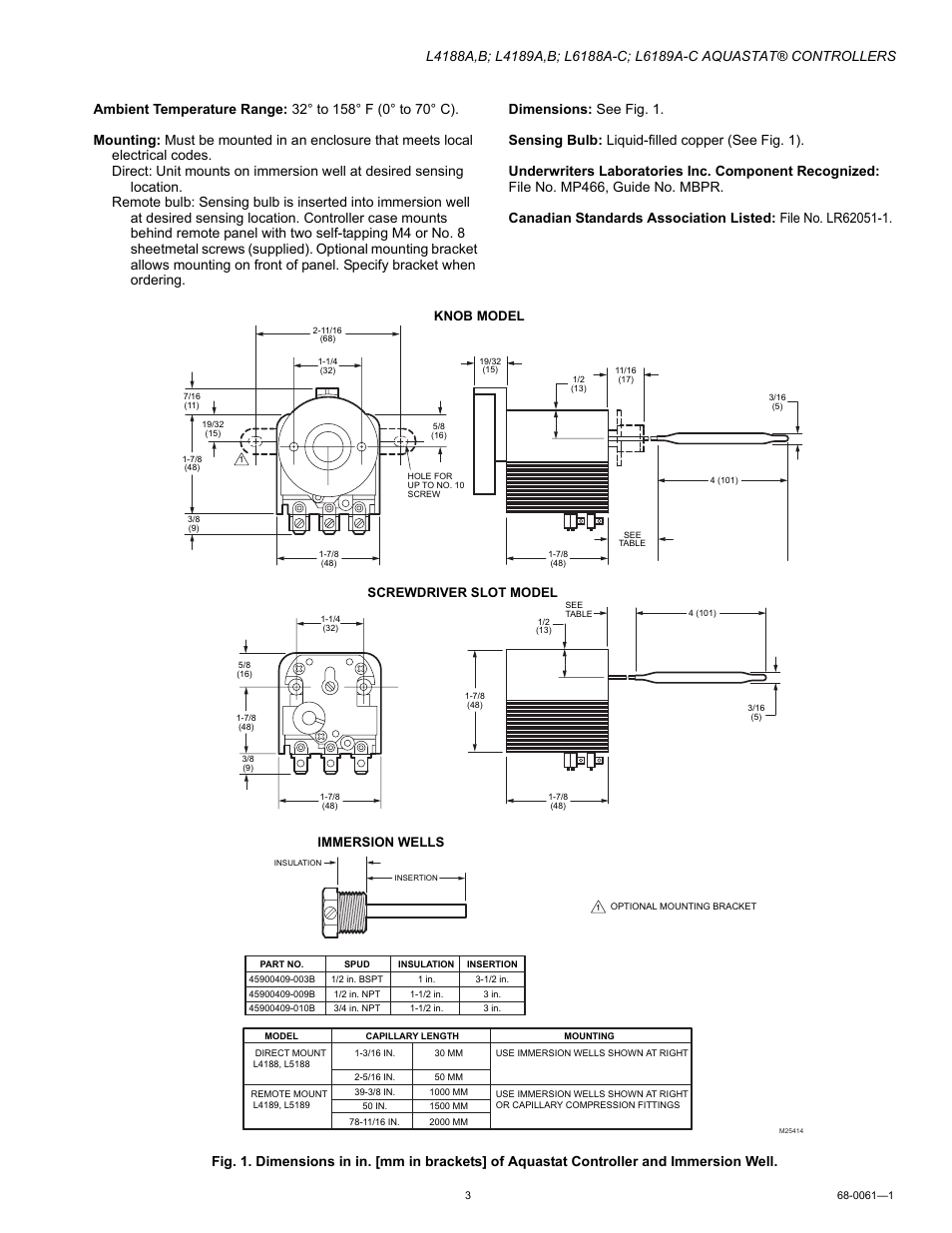 Knob model screwdriver slot model, Immersion wells | Honeywell L4189A User Manual | Page 3 / 8