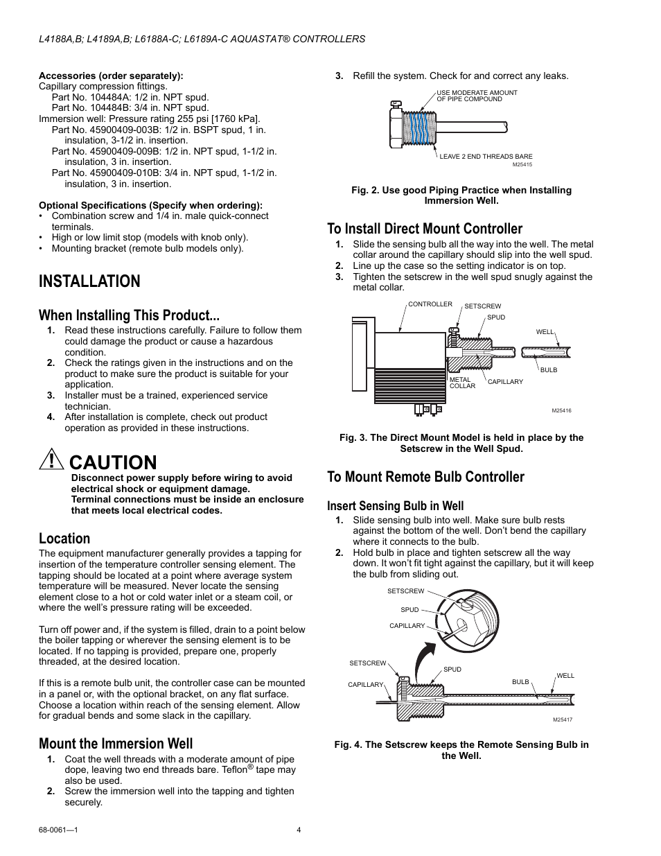 Installation, When installing this product, Location | Mount the immersion well, To install direct mount controller, To mount remote bulb controller, Caution, Insert sensing bulb in well | Honeywell L4189A User Manual | Page 4 / 8