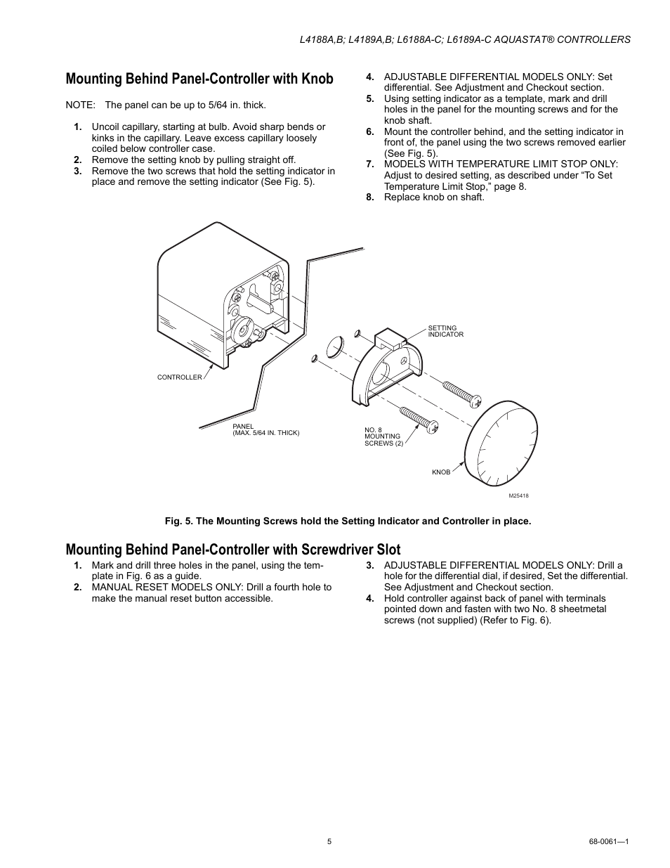 Mounting behind panel-controller with knob | Honeywell L4189A User Manual | Page 5 / 8