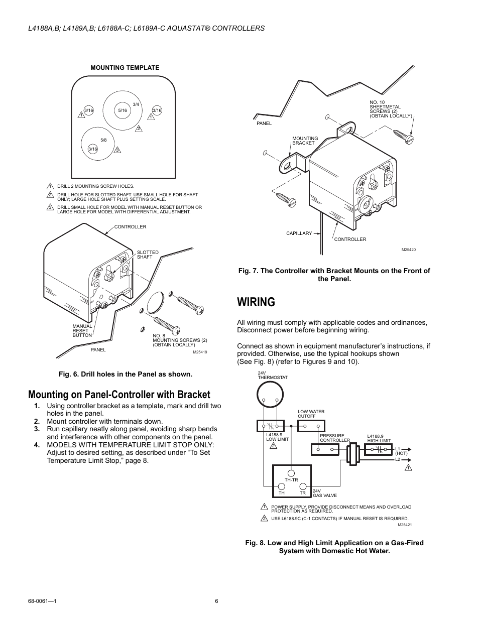 Mounting on panel-controller with bracket, Wiring, Fig. 6. drill holes in the panel as shown | Honeywell L4189A User Manual | Page 6 / 8