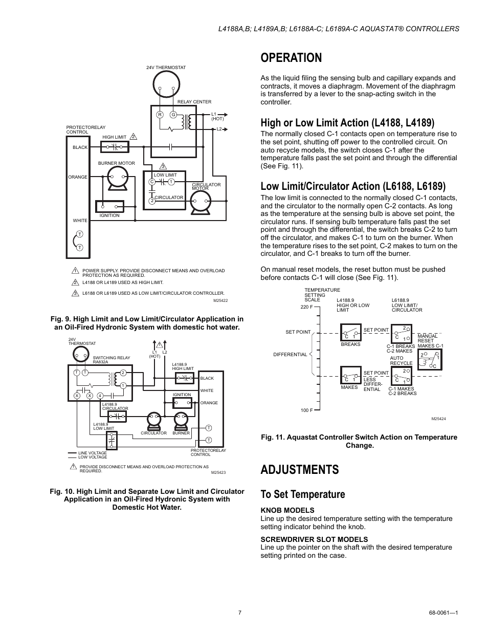 Operation, High or low limit action (l4188, l4189), Low limit/circulator action (l6188, l6189) | Adjustments, To set temperature | Honeywell L4189A User Manual | Page 7 / 8
