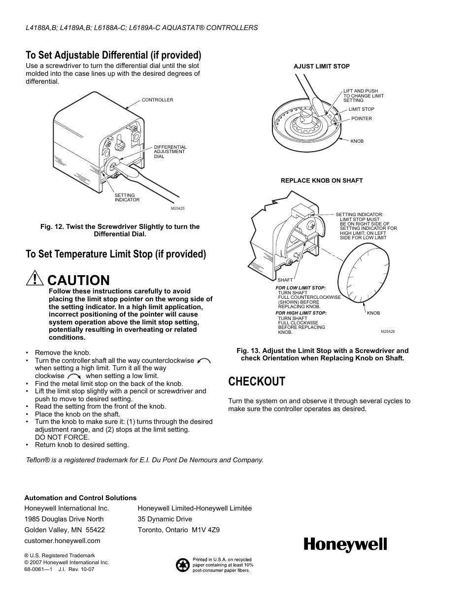To set adjustable differential (if provided), To set temperature limit stop (if provided), Checkout | Caution | Honeywell L4189A User Manual | Page 8 / 8