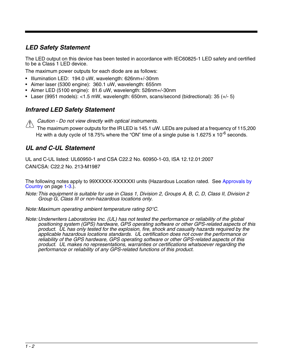 Led safety statement, Infrared led safety statement, Ul and c-ul statement | Honeywell DOLPHIN 9951 User Manual | Page 10 / 154