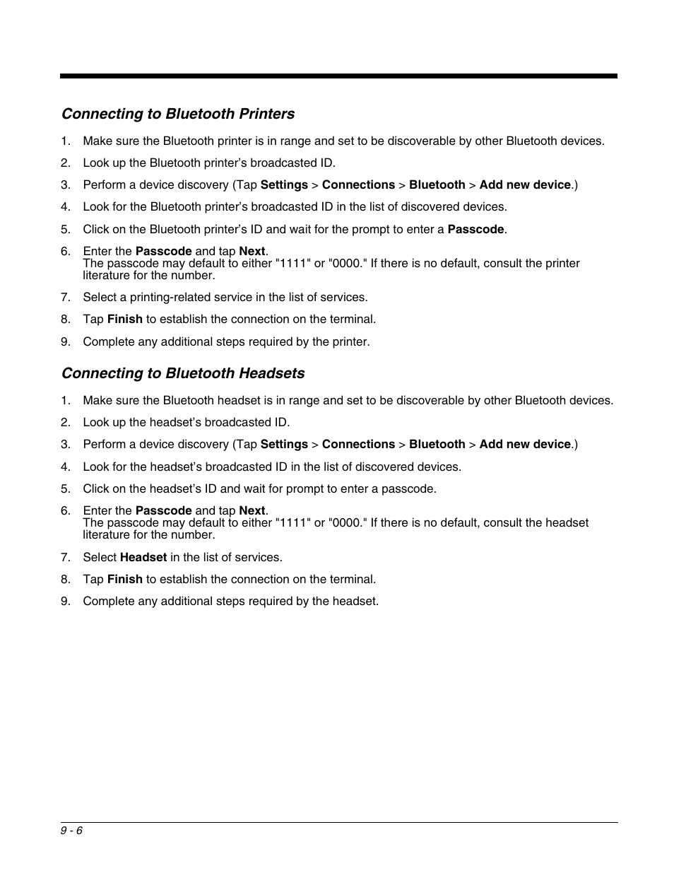 Connecting to bluetooth printers, Connecting to bluetooth headsets | Honeywell DOLPHIN 9951 User Manual | Page 108 / 154