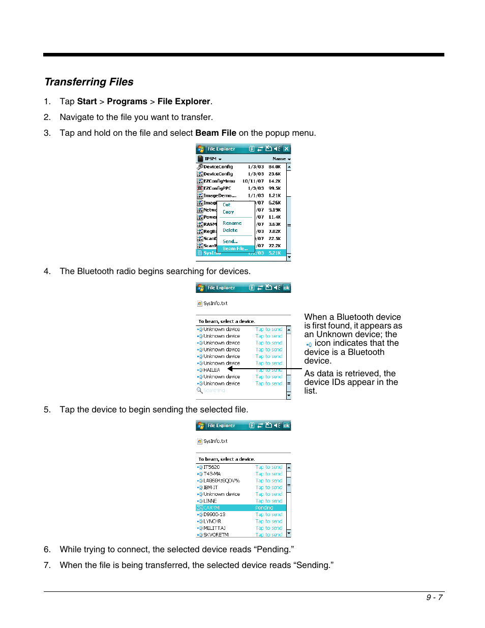 Transferring files, Transferring files -7, Pass a file as an untrusted device; see | Honeywell DOLPHIN 9951 User Manual | Page 109 / 154