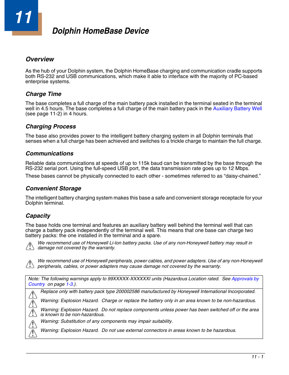 Dolphin homebase device, Overview, Charge time | Charging process, Communications, Convenient storage, Capacity, Chapter 11 - dolphin homebase device, Overview -1, For more information, see | Honeywell DOLPHIN 9951 User Manual | Page 113 / 154