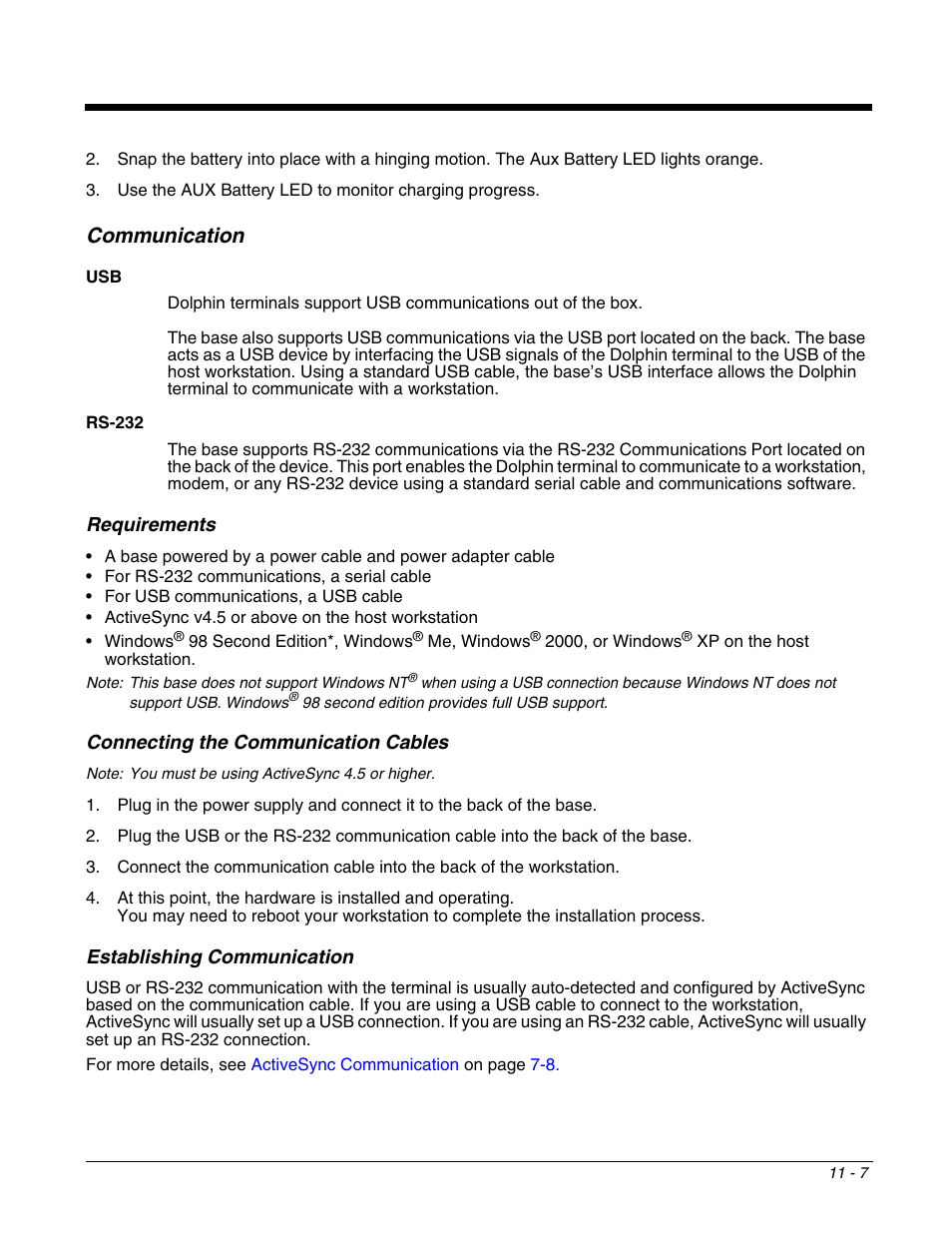 Communication, Requirements, Connecting the communication cables | Establishing communication, Communication -7 | Honeywell DOLPHIN 9951 User Manual | Page 119 / 154