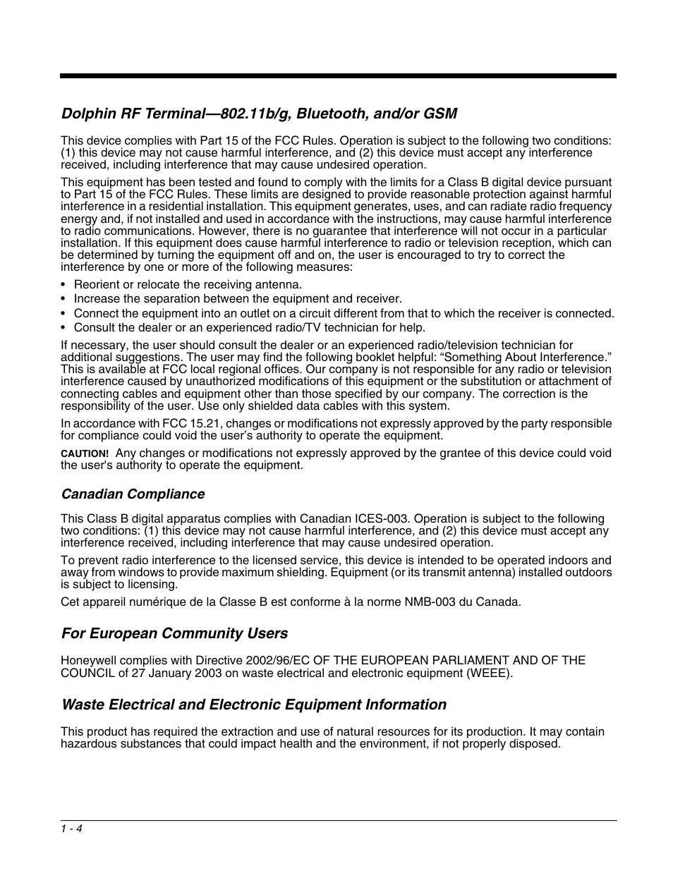 Canadian compliance, For european community users | Honeywell DOLPHIN 9951 User Manual | Page 12 / 154