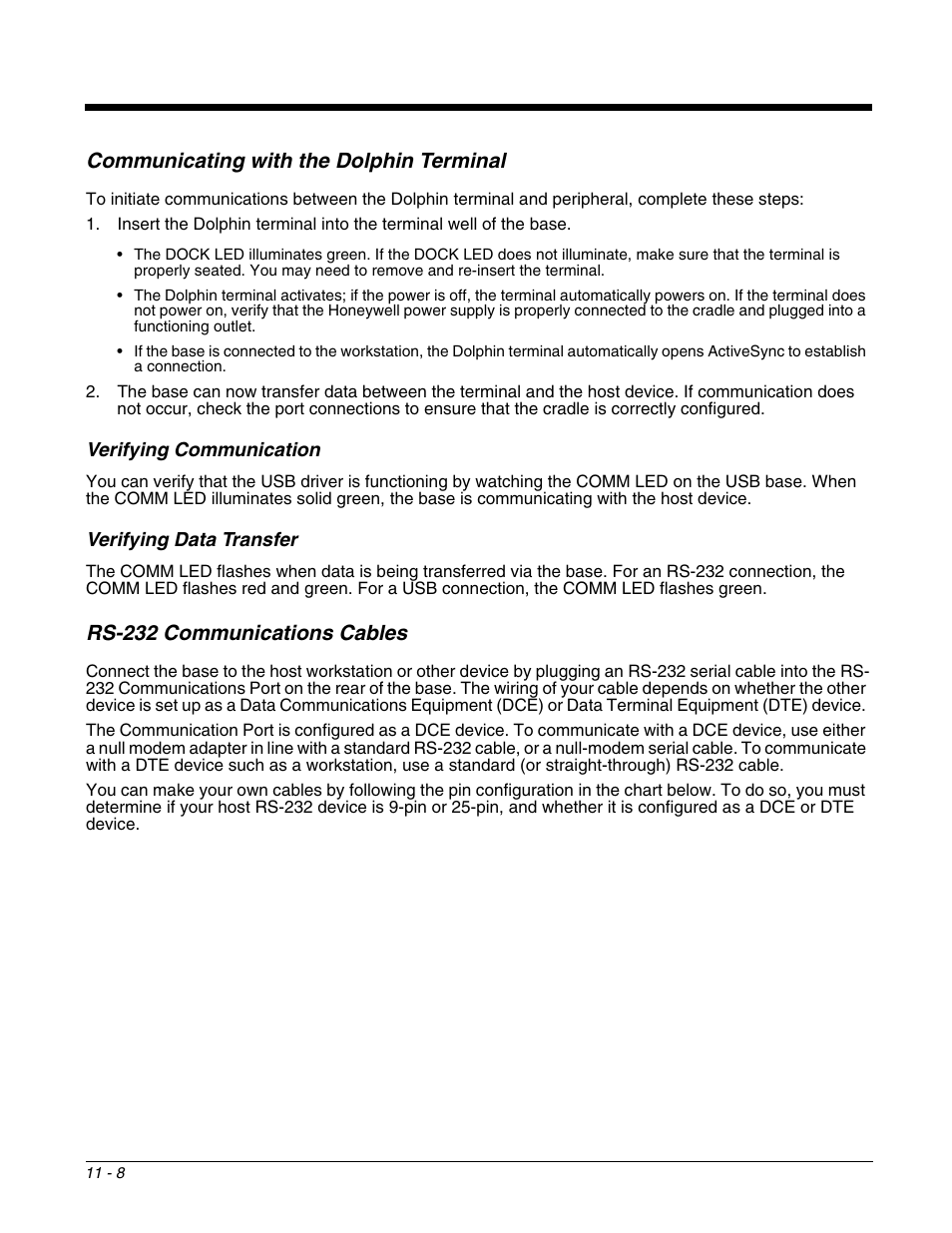 Communicating with the dolphin terminal, Verifying communication, Verifying data transfer | Rs-232 communications cables, Communicating with the dolphin terminal -8, Verifying data transfer -8, Rs-232 communications cables -8 | Honeywell DOLPHIN 9951 User Manual | Page 120 / 154