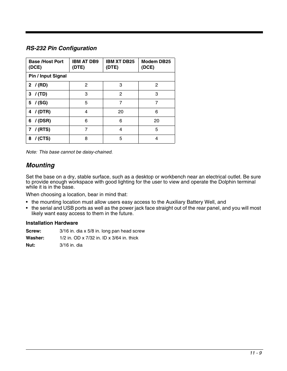 Rs-232 pin configuration, Mounting, Rs-232 pin configuration -9 | Mounting -9 | Honeywell DOLPHIN 9951 User Manual | Page 121 / 154