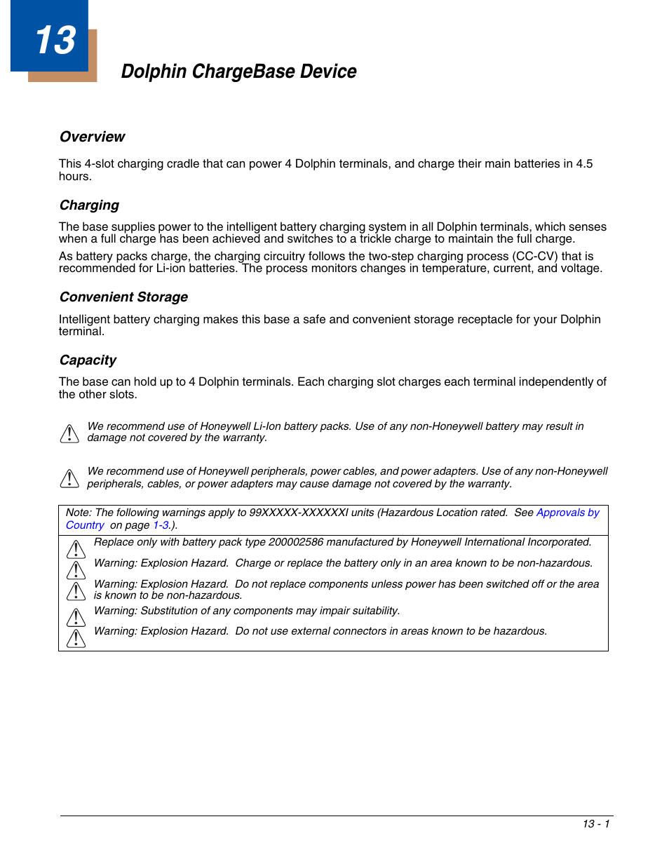 Dolphin chargebase device, Overview, Charging | Convenient storage, Capacity, Chapter 13 - dolphin chargebase device, Overview -1, See dolphin chargebase device | Honeywell DOLPHIN 9951 User Manual | Page 133 / 154