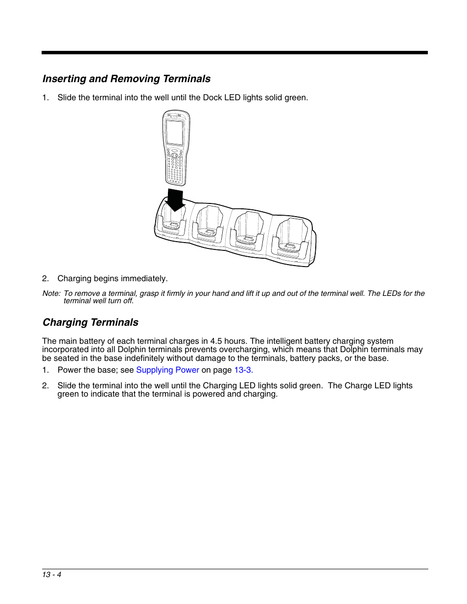 Inserting and removing terminals, Charging terminals, For details, see | Honeywell DOLPHIN 9951 User Manual | Page 136 / 154