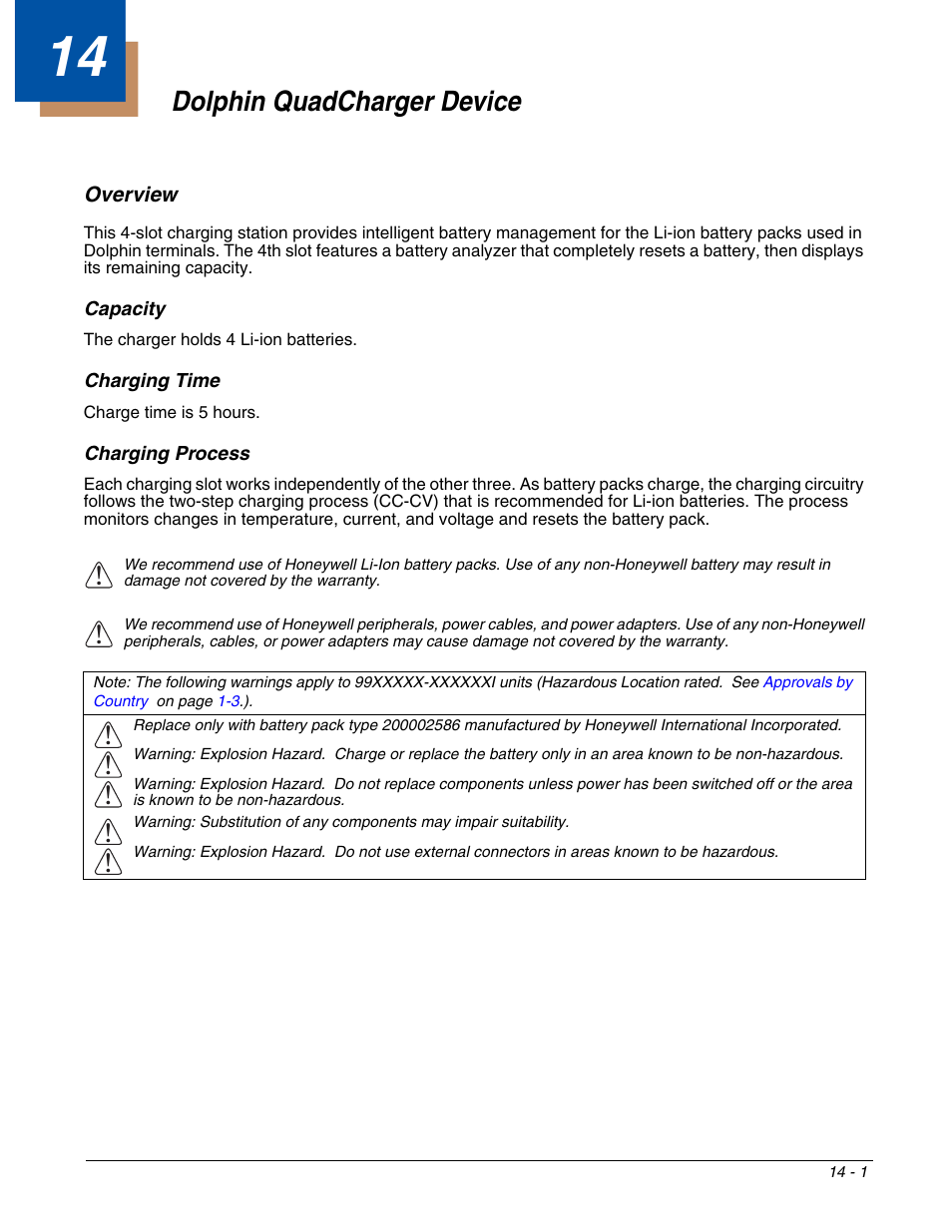 Dolphin quadcharger device, Overview, Capacity | Charging time, Charging process, Chapter 14 - dolphin quadcharger device, Overview -1, For more information, see | Honeywell DOLPHIN 9951 User Manual | Page 141 / 154