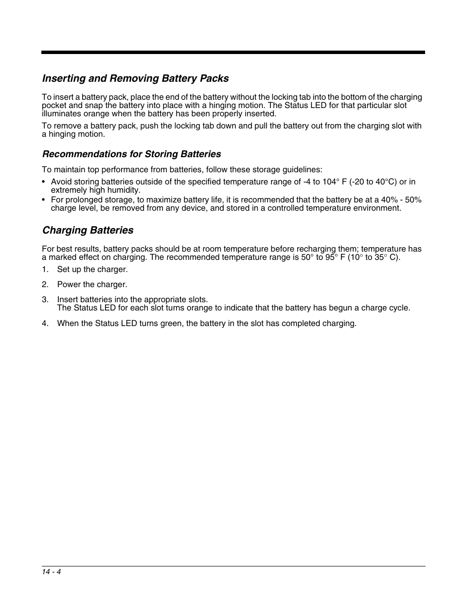 Inserting and removing battery packs, Recommendations for storing batteries, Charging batteries | Honeywell DOLPHIN 9951 User Manual | Page 144 / 154