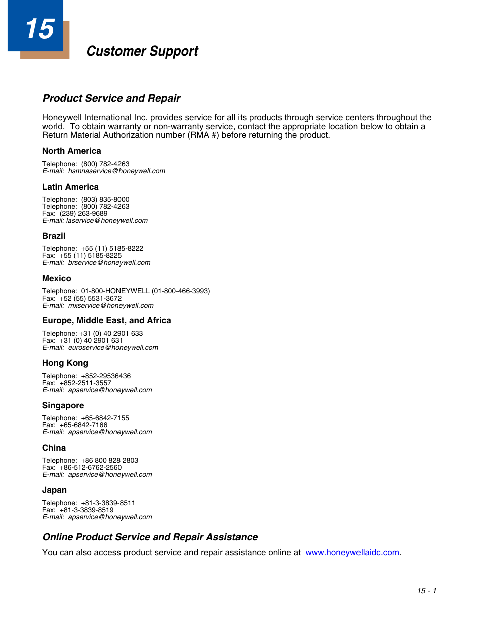 Customer support, Product service and repair, Chapter 15 - customer support | Product service and repair -1, Online product service and repair assistance -1, For service. for details, see, Ation, see, Customer, Support | Honeywell DOLPHIN 9951 User Manual | Page 149 / 154