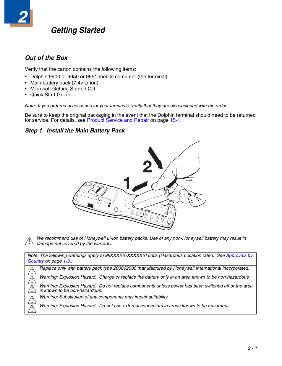 Getting started, Out of the box, Chapter 2 - getting started | Out of the box -1 | Honeywell DOLPHIN 9951 User Manual | Page 15 / 154