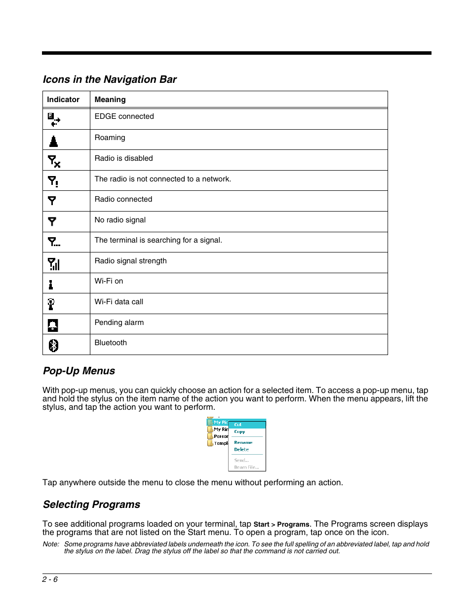 Pop-up menus, Selecting programs, Pop-up menus -6 | Icons in the navigation bar | Honeywell DOLPHIN 9951 User Manual | Page 20 / 154