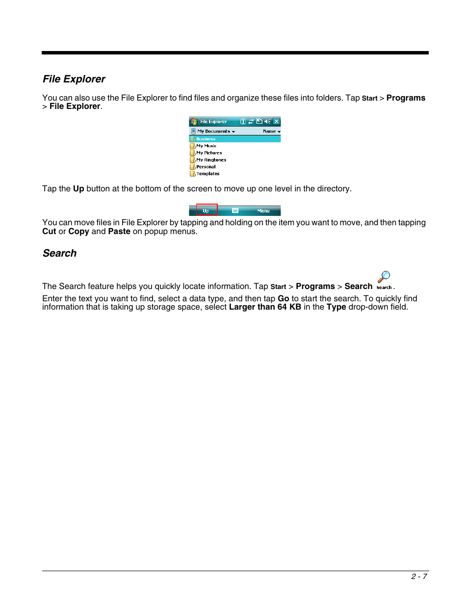 File explorer, Search | Honeywell DOLPHIN 9951 User Manual | Page 21 / 154