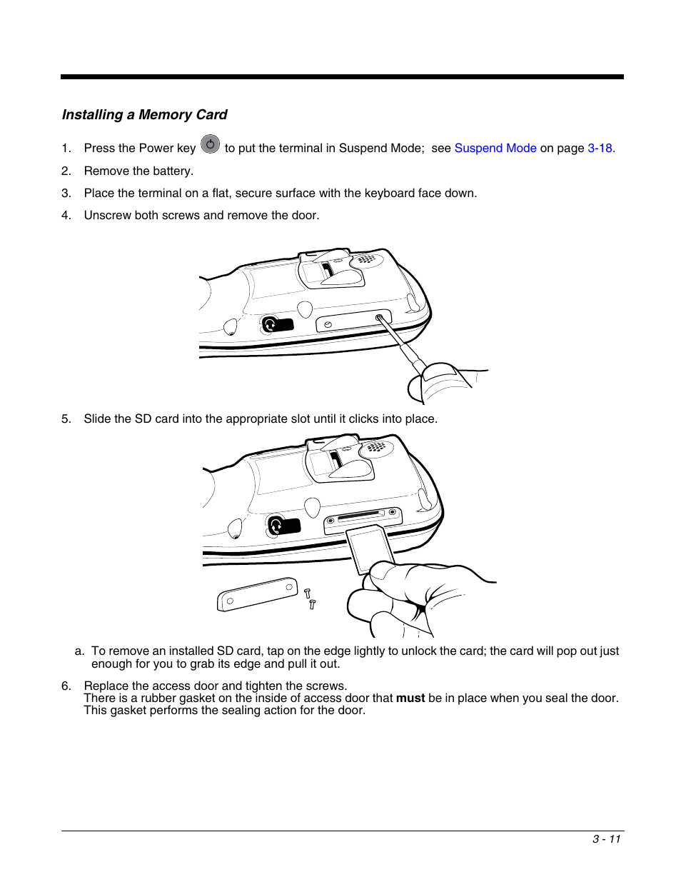 Installing a memory card, Installing a memory card -11, Environmental rating is preserved; see | Honeywell DOLPHIN 9951 User Manual | Page 33 / 154