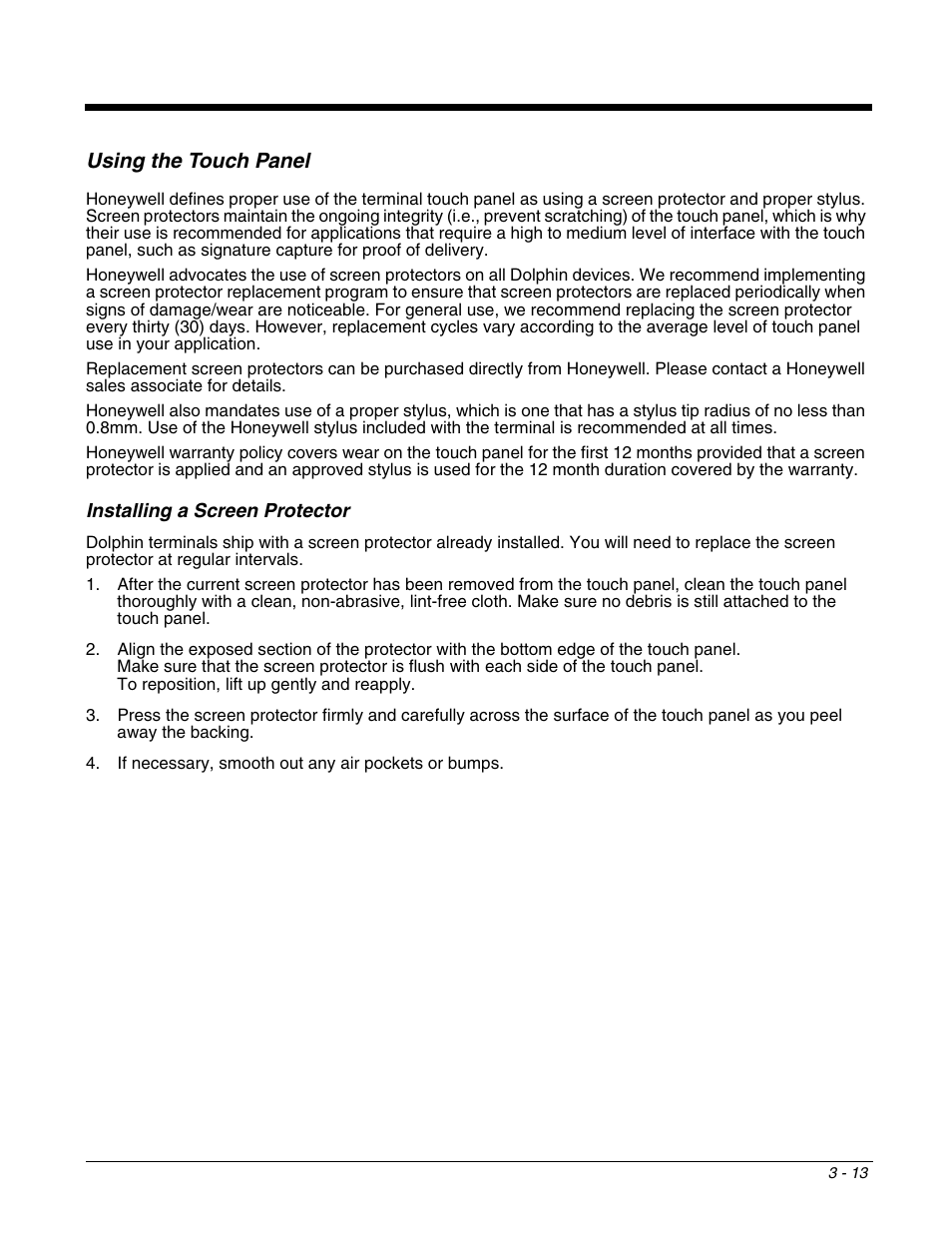 Using the touch panel, Installing a screen protector, Using the touch panel -13 | Installing a screen protector -13, Information, see | Honeywell DOLPHIN 9951 User Manual | Page 35 / 154