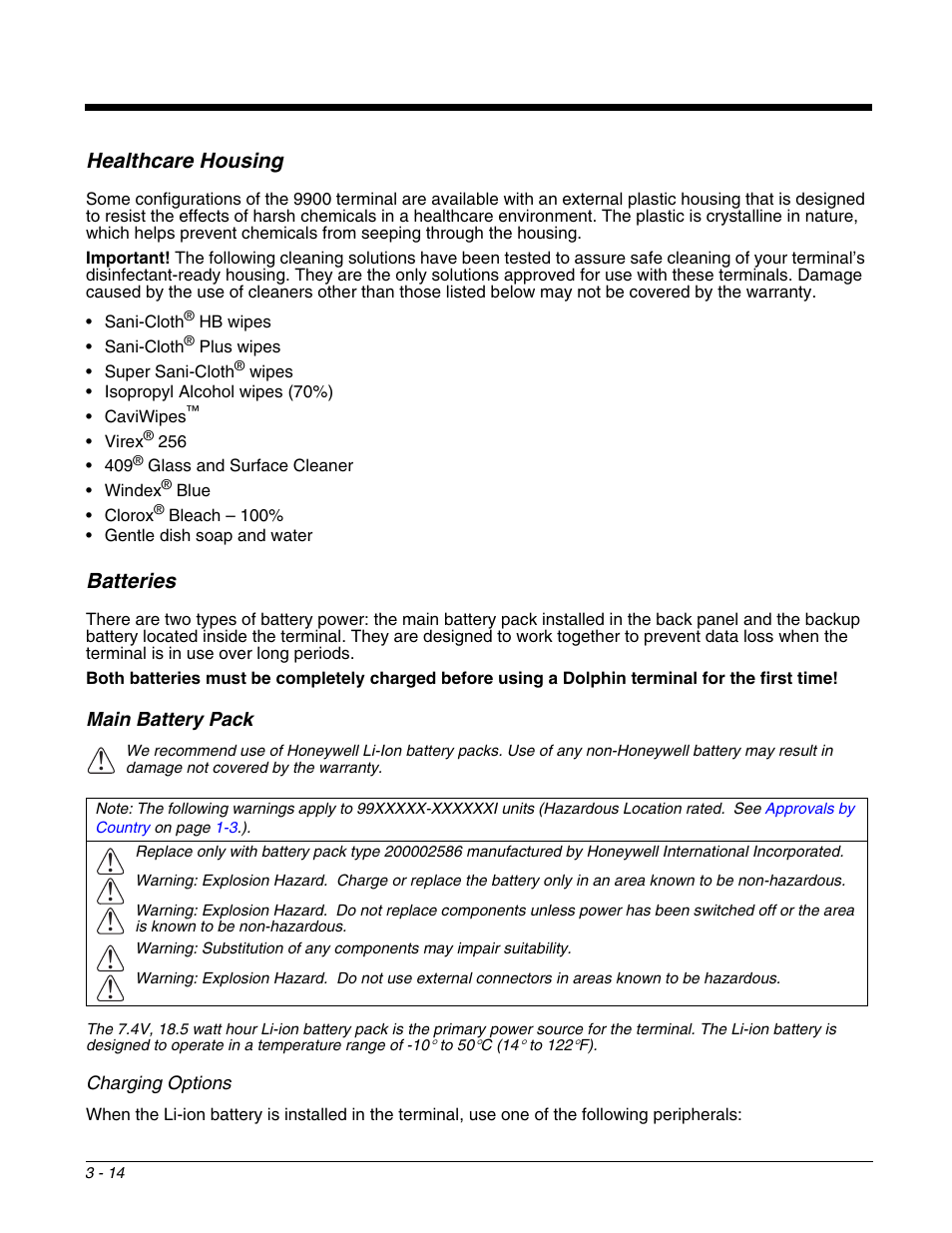 Healthcare housing, Batteries, Main battery pack | Healthcare housing -14, Batteries -14, Main battery pack -14, Industry. for more information, see | Honeywell DOLPHIN 9951 User Manual | Page 36 / 154