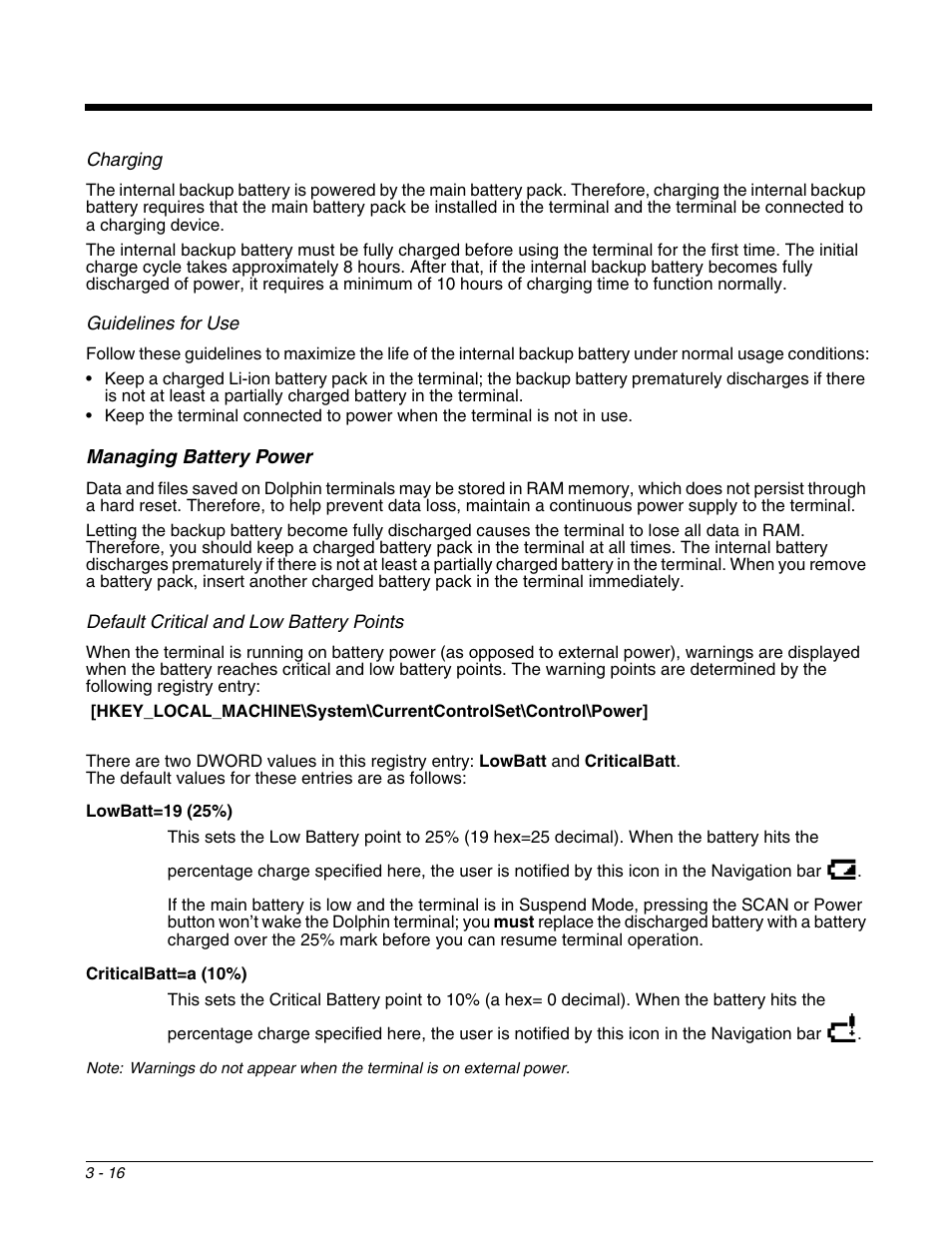 Managing battery power, Managing battery power -16 | Honeywell DOLPHIN 9951 User Manual | Page 38 / 154