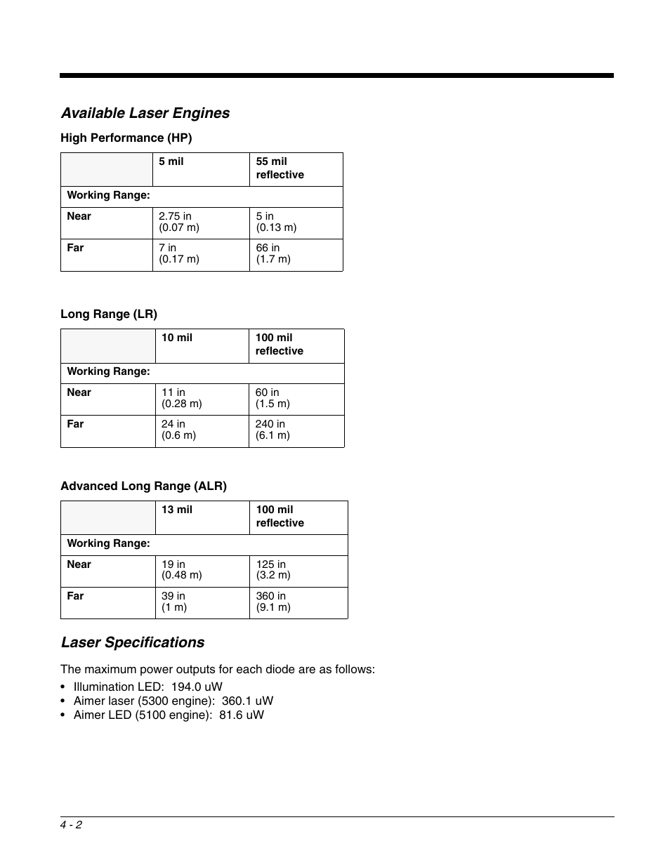 Available laser engines, Laser specifications, Available laser engines -2 laser specifications -2 | Honeywell DOLPHIN 9951 User Manual | Page 42 / 154