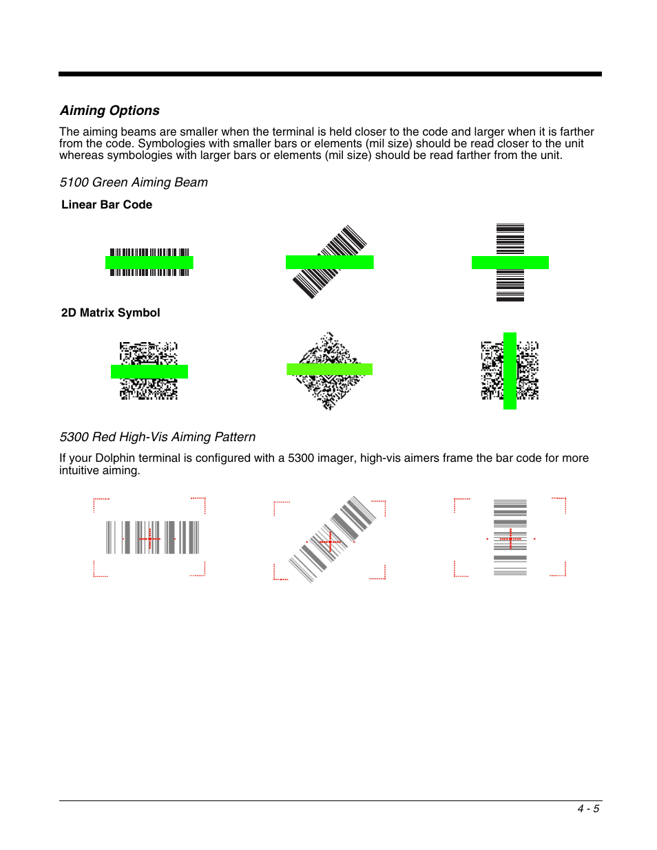 Aiming options, Aiming options -5, Read can be obtained from many positions; see | Center the aiming beam over the bar code; see | Honeywell DOLPHIN 9951 User Manual | Page 45 / 154