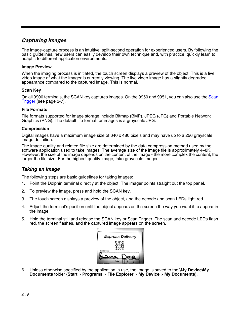Capturing images, Taking an image, Capturing images -6 | Taking an image -6 | Honeywell DOLPHIN 9951 User Manual | Page 46 / 154