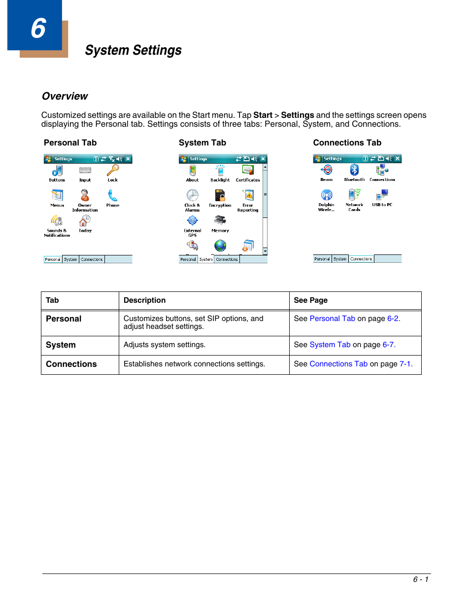 System settings, Overview, Chapter 6 - system settings | Overview -1 | Honeywell DOLPHIN 9951 User Manual | Page 63 / 154