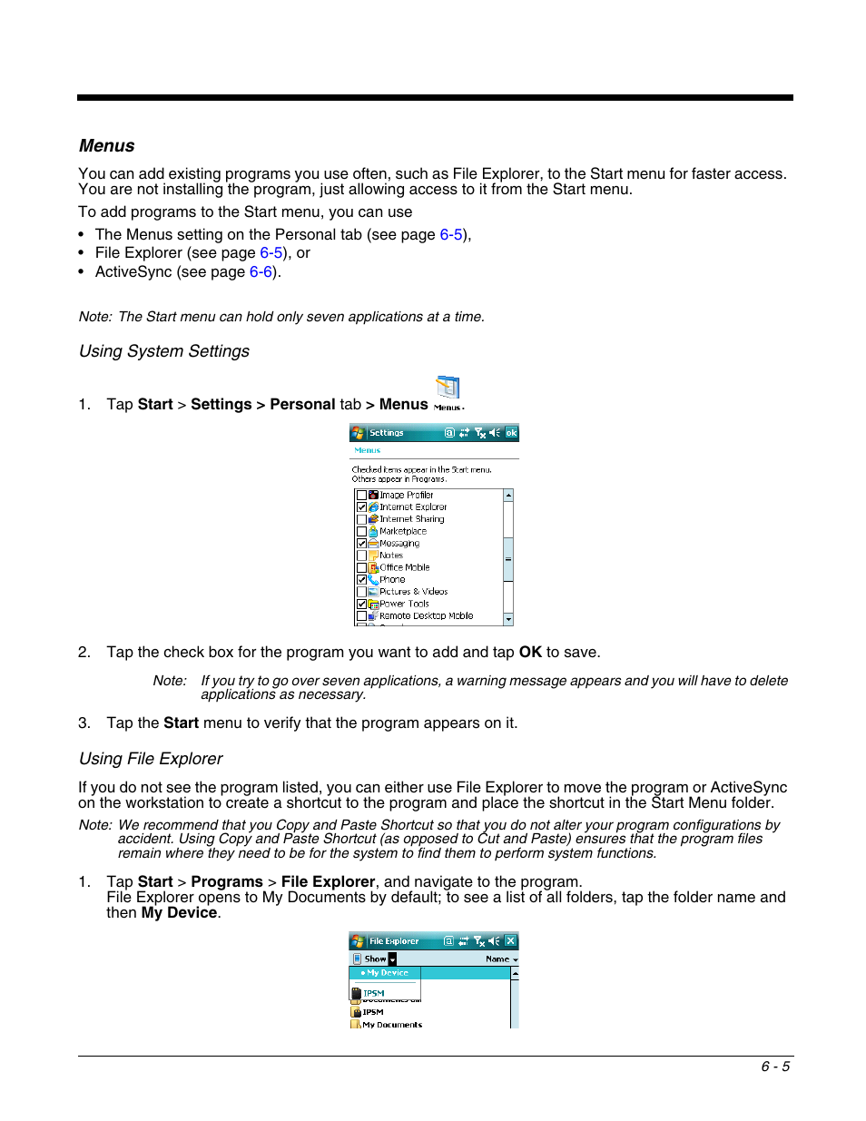 Menus, Menus -5, Using file explorer | Honeywell DOLPHIN 9951 User Manual | Page 67 / 154