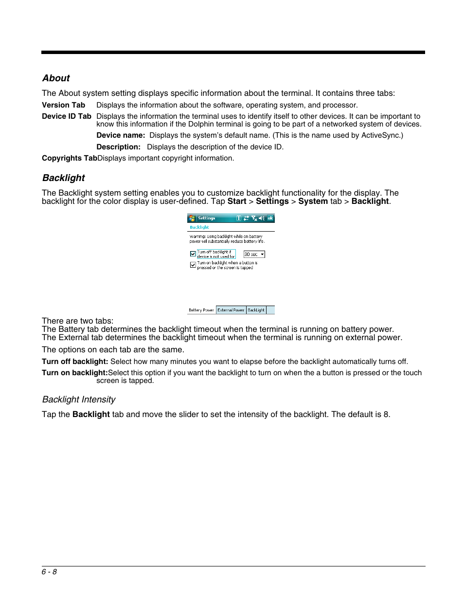 About, Backlight, About -8 backlight -8 | More information, see | Honeywell DOLPHIN 9951 User Manual | Page 70 / 154