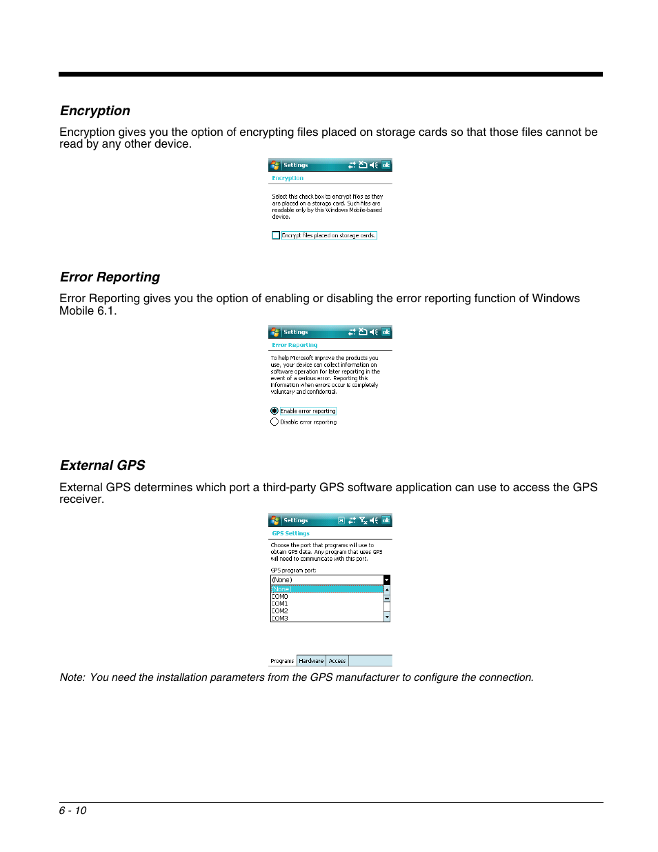 Encryption, Error reporting, External gps | Honeywell DOLPHIN 9951 User Manual | Page 72 / 154