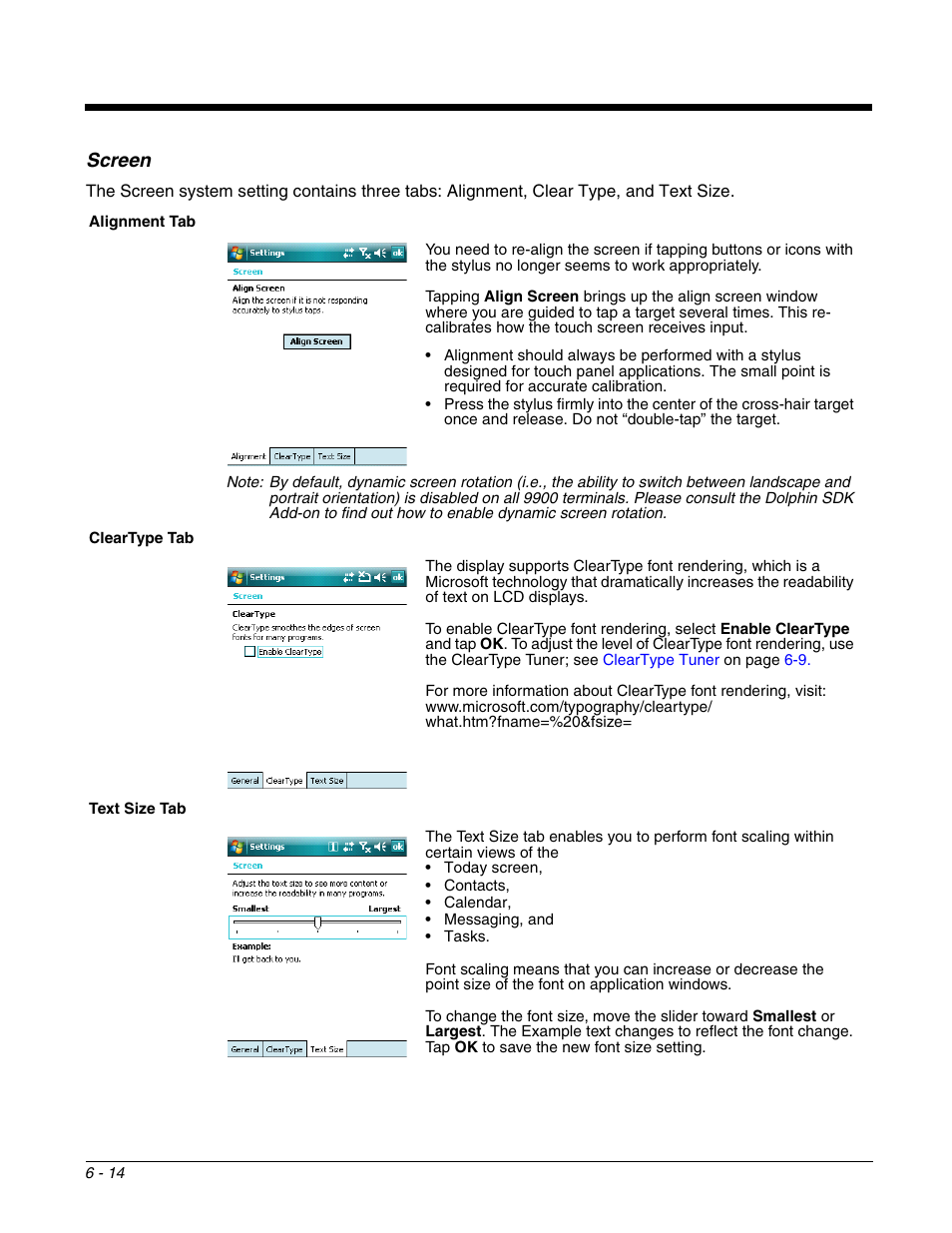 Screen, Screen -14, Ce of fonts on the screen; see | Cleartype tab | Honeywell DOLPHIN 9951 User Manual | Page 76 / 154