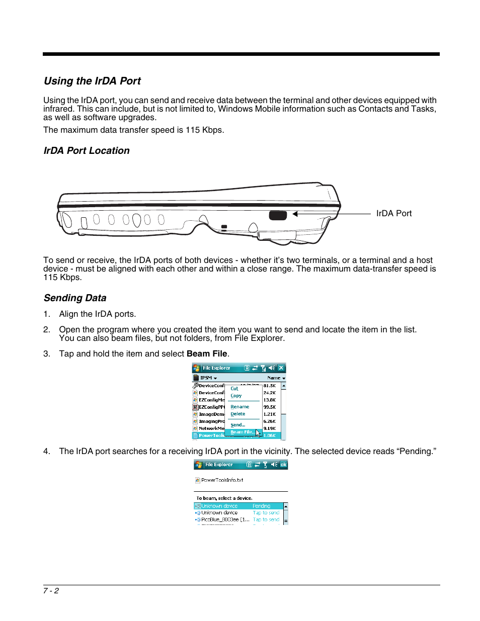 Using the irda port, Irda port location, Sending data | Using the irda port -2, Irda port location -2 sending data -2, T using this port, see | Honeywell DOLPHIN 9951 User Manual | Page 80 / 154