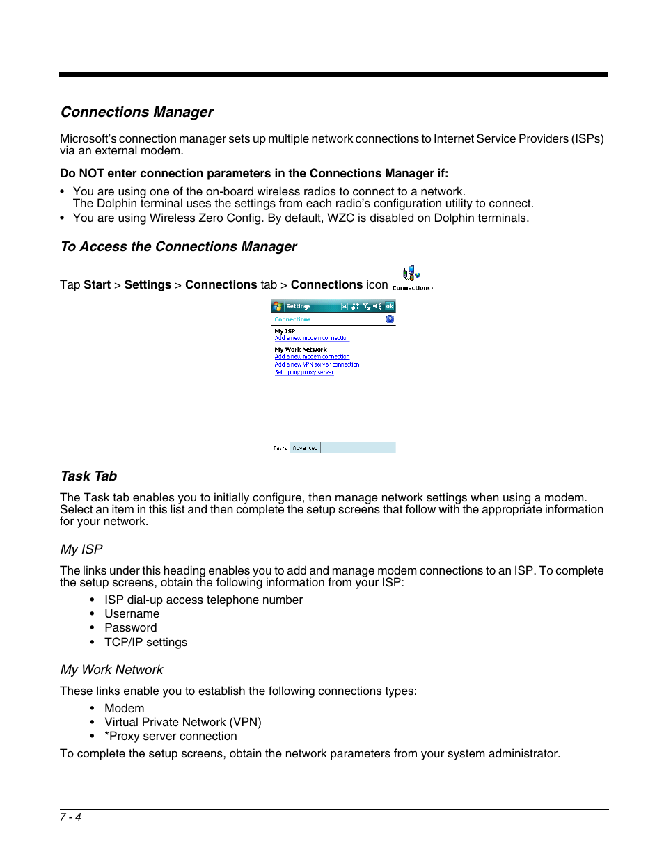 Connections manager, To access the connections manager, Task tab | Connections manager -4, To access the connections manager -4 task tab -4 | Honeywell DOLPHIN 9951 User Manual | Page 82 / 154