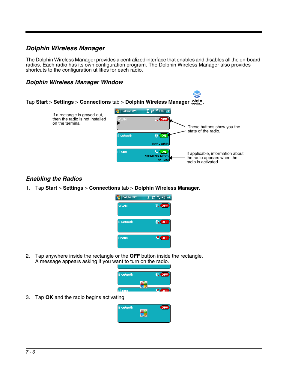 Dolphin wireless manager, Dolphin wireless manager window, Enabling the radios | Dolphin wireless manager -6 | Honeywell DOLPHIN 9951 User Manual | Page 84 / 154