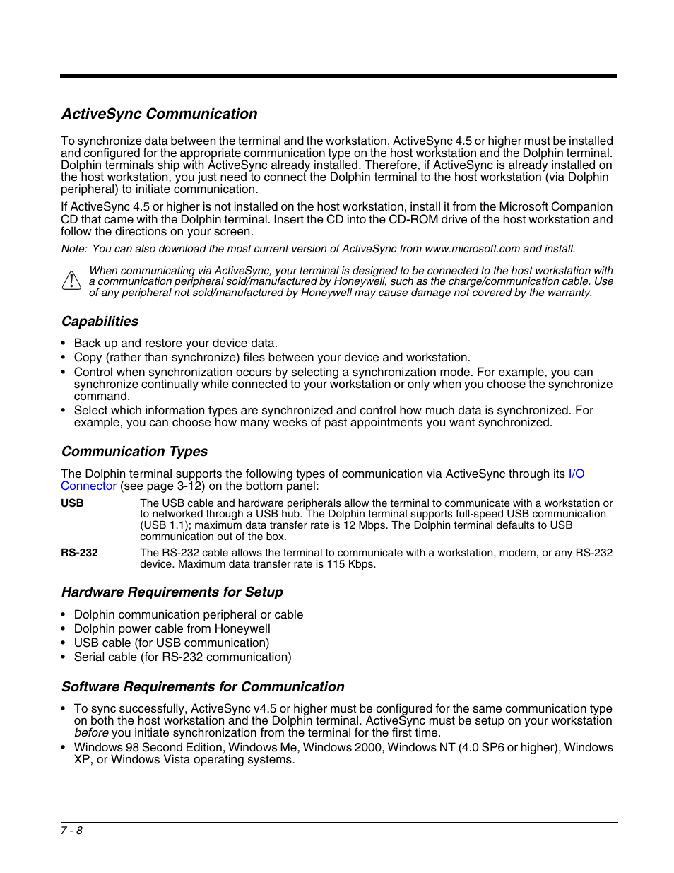 Activesync communication, Capabilities, Communication types | Hardware requirements for setup, Software requirements for communication, Activesync communication -8 | Honeywell DOLPHIN 9951 User Manual | Page 86 / 154