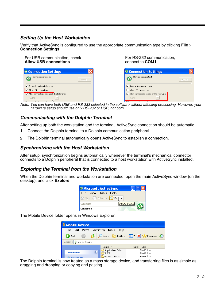 Setting up the host workstation, Communicating with the dolphin terminal, Synchronizing with the host workstation | Exploring the terminal from the workstation | Honeywell DOLPHIN 9951 User Manual | Page 87 / 154