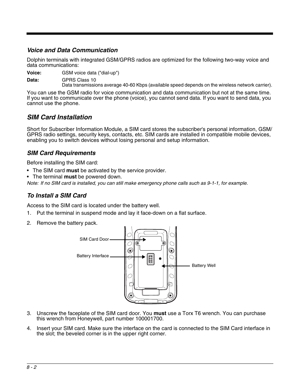 Voice and data communication, Sim card installation, Sim card requirements | To install a sim card, Sim card installation -2, Activated by the network service provider (see, Sim card, Installation | Honeywell DOLPHIN 9951 User Manual | Page 92 / 154