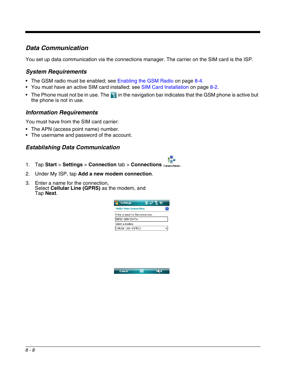 Data communication, System requirements, Information requirements | Establishing data communication, Data communication -8, Establishing data communication -8 | Honeywell DOLPHIN 9951 User Manual | Page 98 / 154