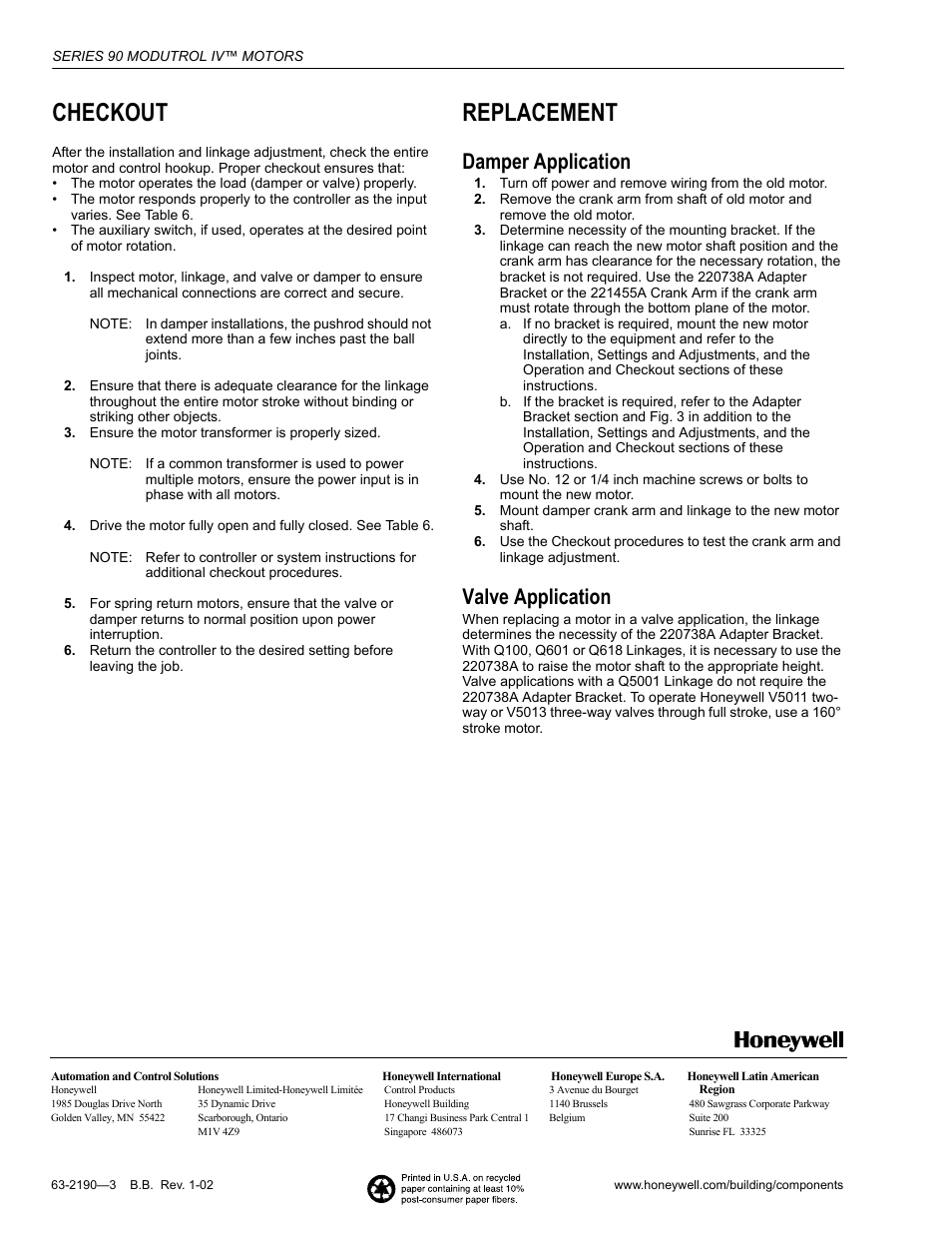 Checkout, Replacement, Damper application | Valve application | Honeywell Modutrol IV Motors Series 90 User Manual | Page 12 / 12