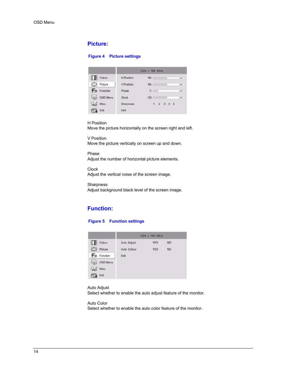 Picture, Function, Figure 4 | Picture settings, Figure 5, Function settings | Honeywell HMLCD17L User Manual | Page 14 / 24