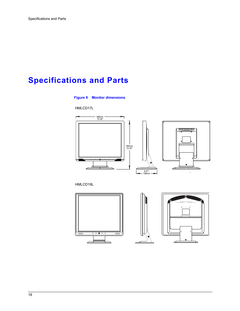 Specifications and parts, Figure 8, Monitor dimensions | Honeywell HMLCD17L User Manual | Page 18 / 24