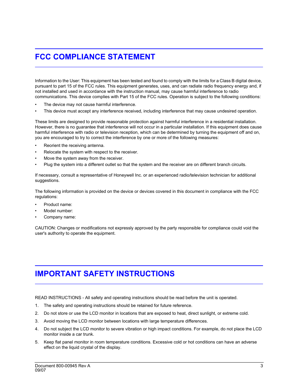 Fcc compliance statement, Important safety instructions | Honeywell HMLCD17L User Manual | Page 3 / 24