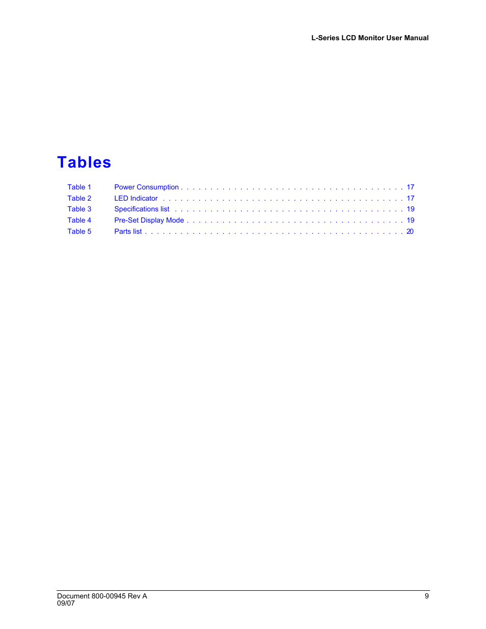 Tables | Honeywell HMLCD17L User Manual | Page 9 / 24