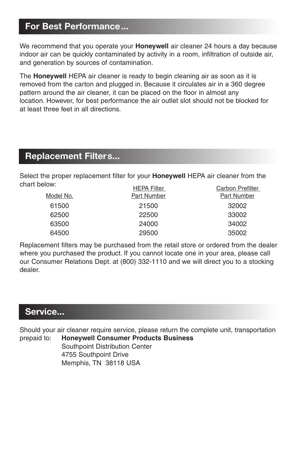 For best performance ... replacement filter s, Service | Honeywell 63500 User Manual | Page 4 / 8