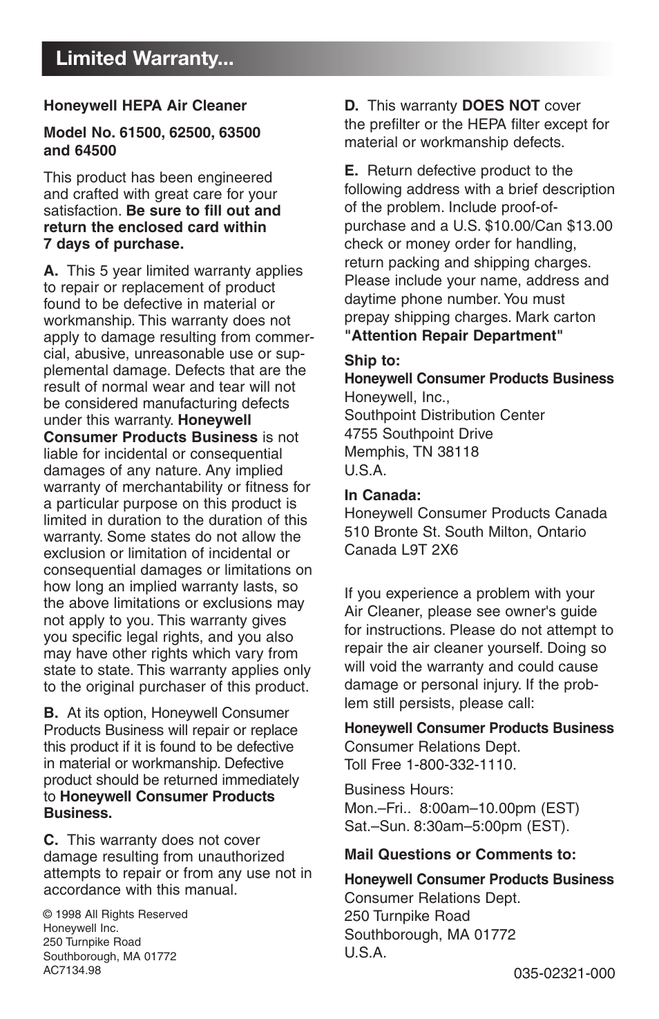 Limited warranty | Honeywell 63500 User Manual | Page 8 / 8
